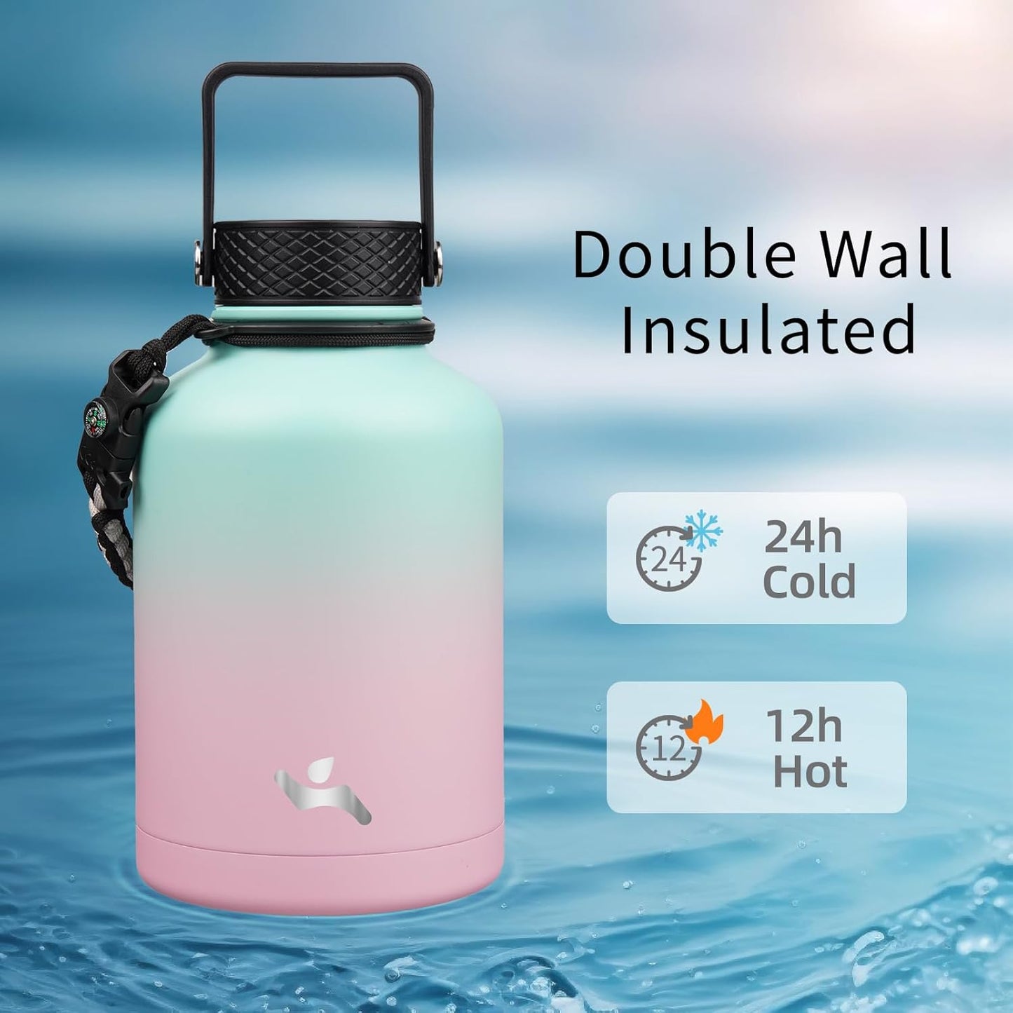 Konokyo 22oz Stainless Steel Bottles with 3 Lids Sport Insulated Water Bottle,Mint