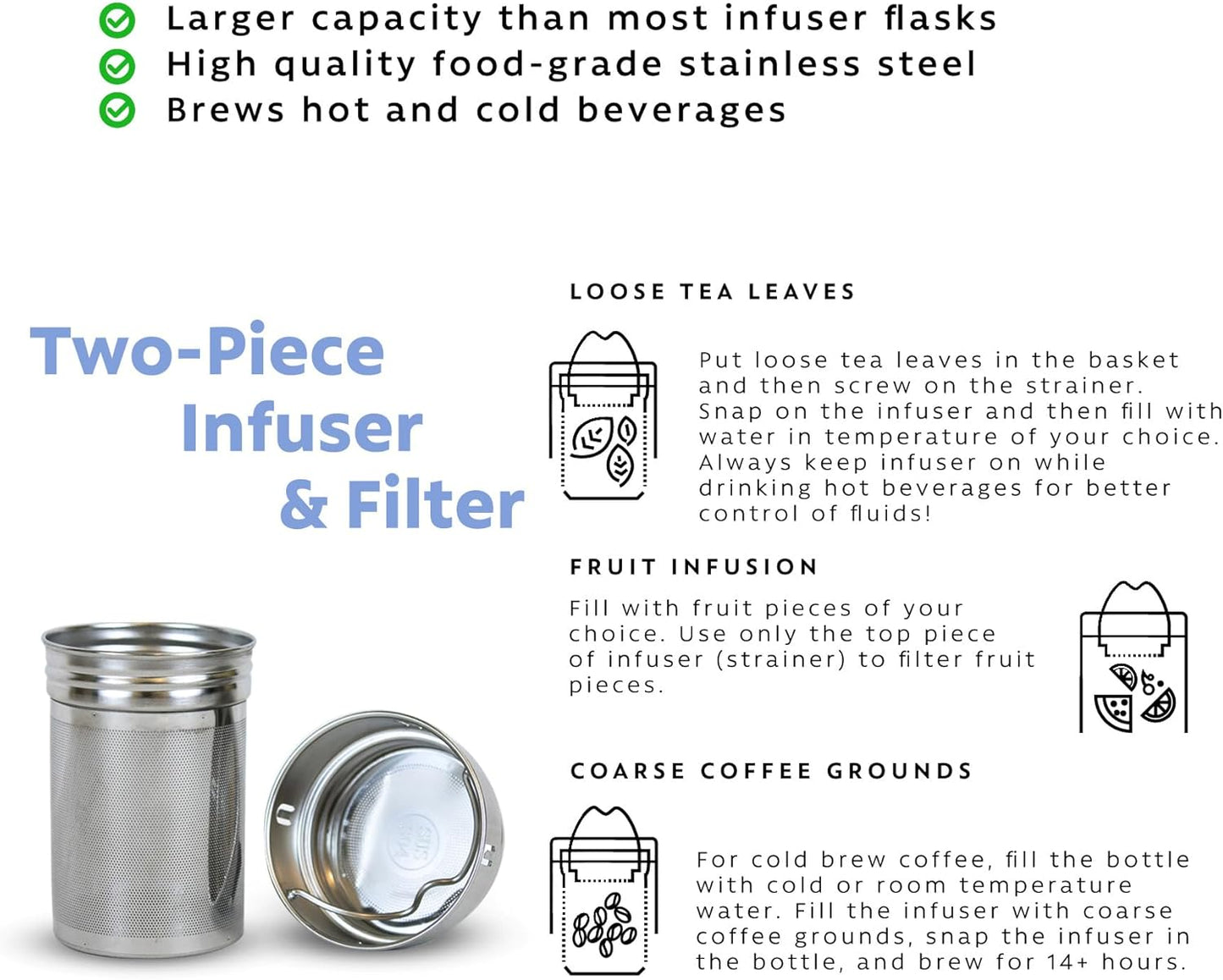 London Sip 25 oz Multi-Function Travel Mug and Tumbler Tea Infuser Water Bottle Fruit Infuser Flask Hot and Cold Double Wall Stainless Steel Coffee Thermos, Cosmic Silver