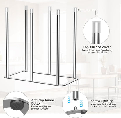 Water Bottle Drying Rack Reusable Bottle Rack Dryer Kitchen Stand Holder Metal Countertop Baby Bottle Drying Rack Water Cup Drying Rack for Plastic Bags, Bottles and Cups (Sliver, Small)