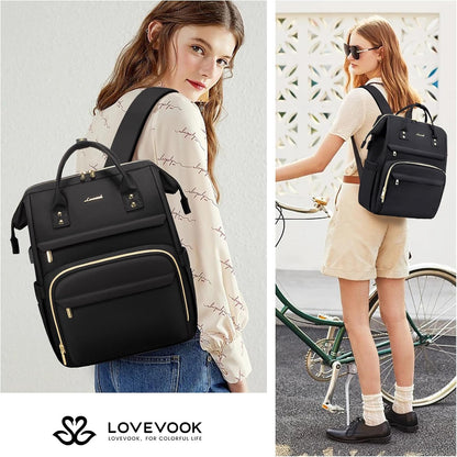 LOVEVOOK Laptop Backpack for Women with Giant Tumbler Holder Pocket,15.6 inch Waterproof Travel Backpack Purse Computer Laptop Bag,Professional Work College Nurse Teacher Backpack Casual Daypack,Black