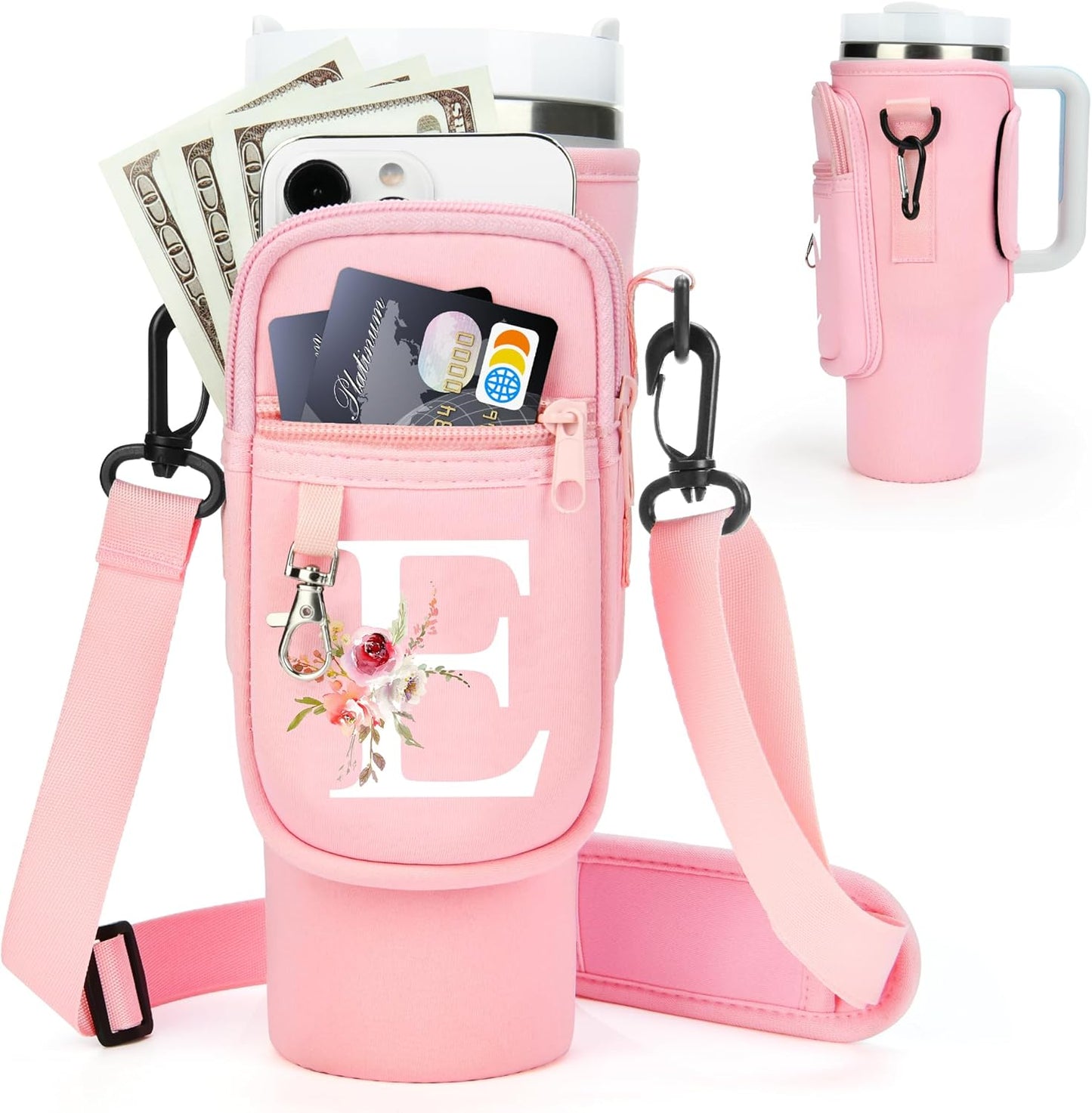 Initial Water Bottle Holder with Strap for Stanley Cup Accessories 40 oz/Simple Modern Tumbler, Birthdays for Women Girls, Water Bottle Carrier Bag with Phone Pocket,Hiking Walking Gym Camping