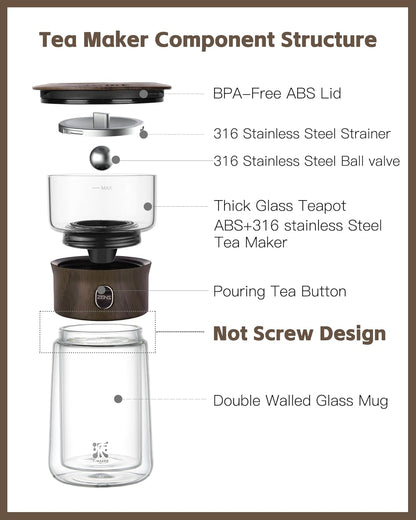 ZENS Modern Glass Infuser Teapot, One Touch Tea Maker for Loose Leaf Tea with Insulated Mug and Portable Case. Enchanted Pot Alternatives for Tea Lover Gifts