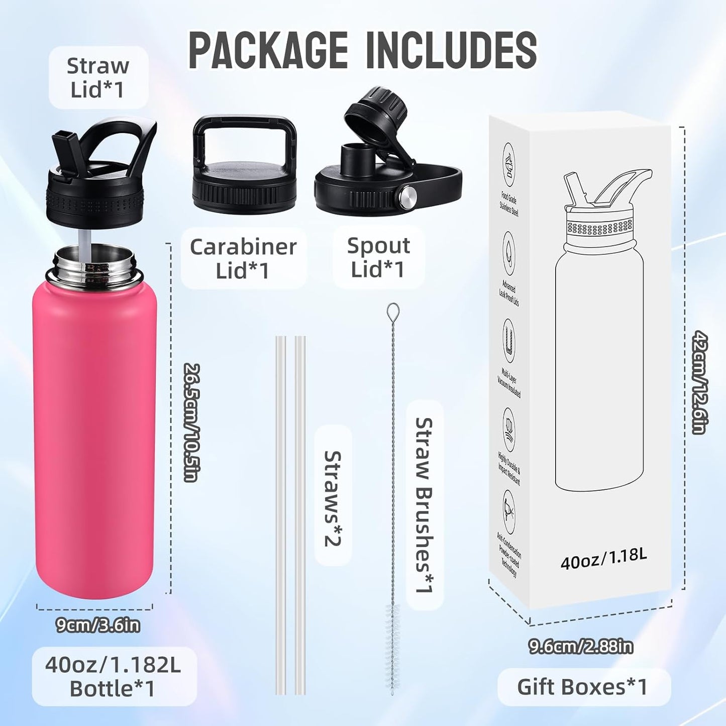 Insulated Water Bottles with Straw 40 oz Leak Proof, Vacuum Insulated Stainless Steel Sport Tumbler with 3 Lids Straw, Spout and Handle Lid for Sports, Gym or Office,Hot Pink