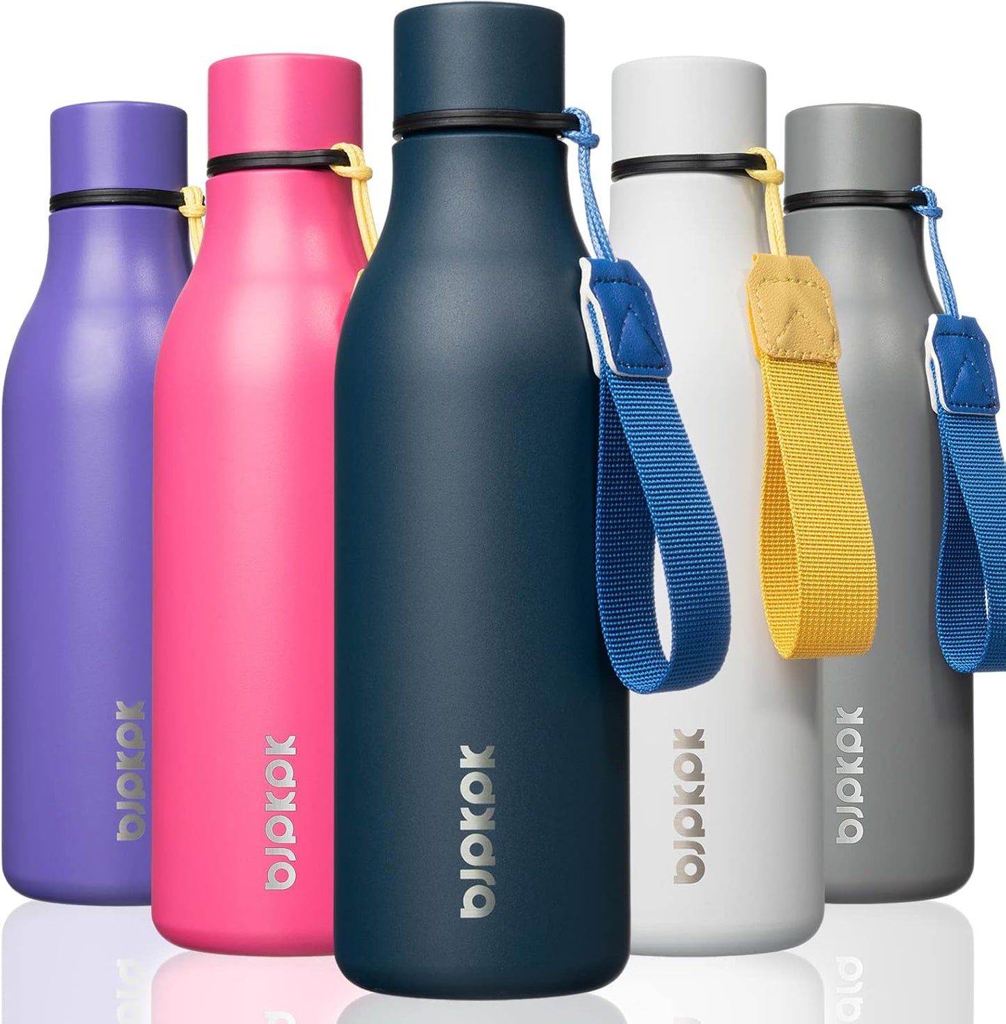 BJPKPK Insulated Water Bottles, 18 oz Stainless Steel Metal Water Bottle with Strap, BPA Free Leak Proof Jugs, Mugs, Flasks, Reusable Thermal Flasks for Sports & Travel, Black - Colors A