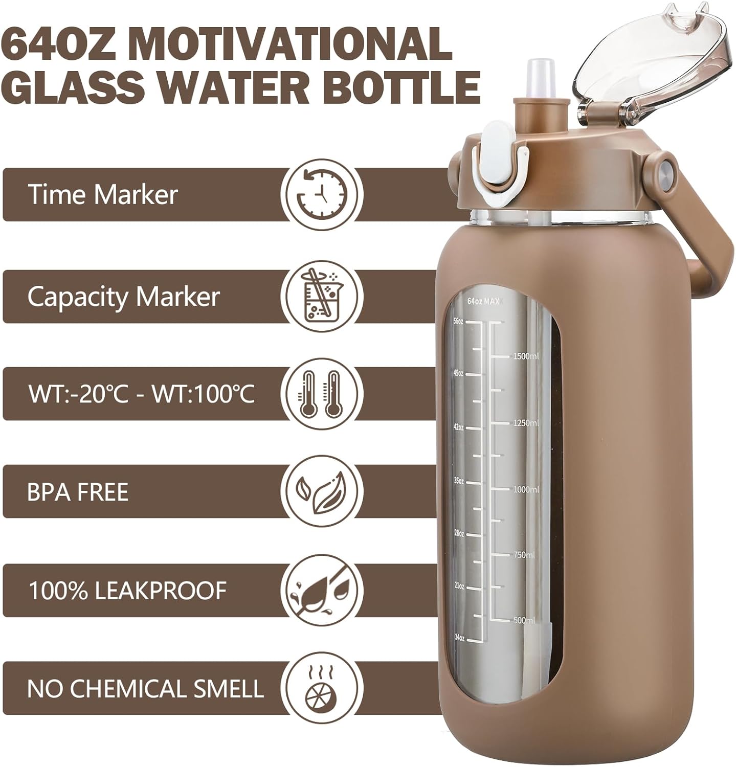 64oz Glass Water Bottles with Straw, Half Gallon Motivational Glass Bottle with Silicone Sleeve and Time Marker, 2L Leakproof Large Glass Water Jug for Gym Home Office,olive