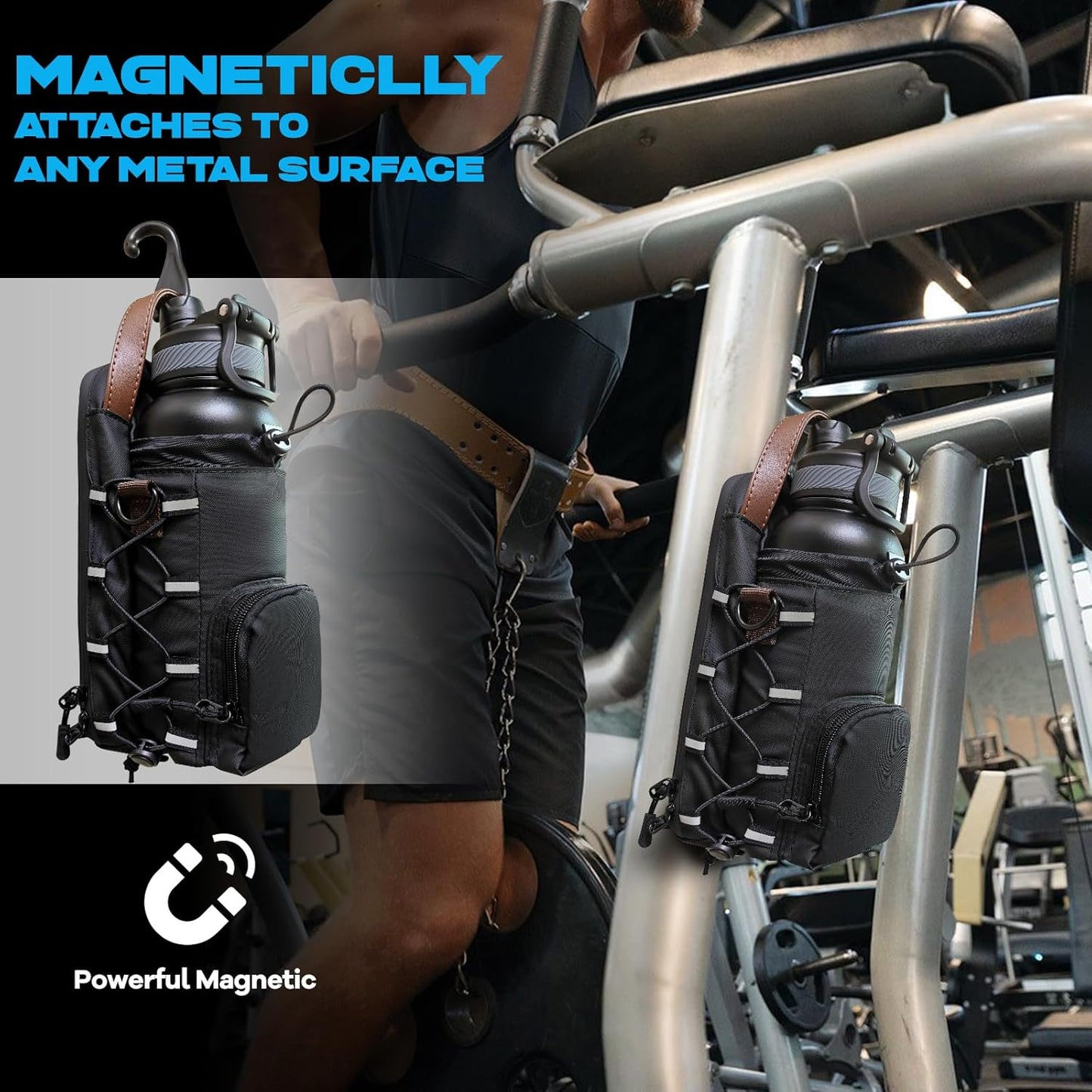 JACZZO Magnetic Gym Bag for Men and Women, Magnetic Water Bottle Holder for Gym, Small Gym Bag, Gym Gifts for Women and Men (Black, <40 OZ)