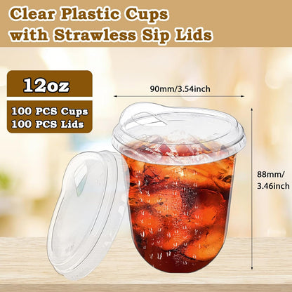 Alaeseje 50 Pack Clear Plastic Cups with Strawless Sip Lids,16 oz Iced Coffee Cups with Lids,Disposable PET Crystal Cups,Round Bottom To Go Cup for Iced Coffee Juice Smoothie Cold Beverage