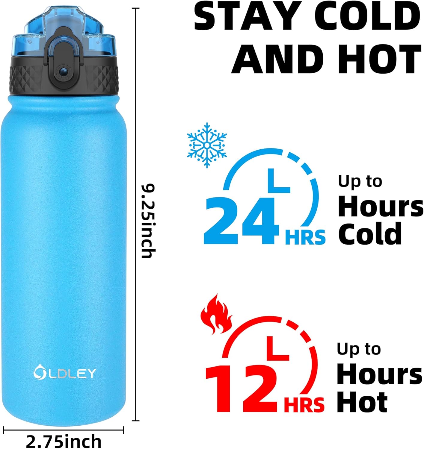 Oldley Insulated Water Bottle 20oz for Adults Kids Stainless Steel Water Bottles with Straw/Chug/Carabiner 3 Lids Fruit Strainer Double Wall Vacuum Wide Mouth BPA Free Leak-Proof for School Travel