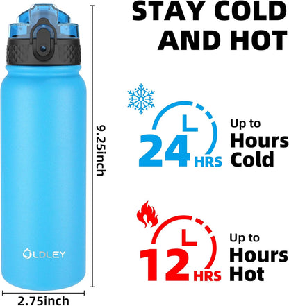 Oldley Insulated Water Bottle 20oz for Adults Kids Stainless Steel Water Bottles with Straw/Chug/Carabiner 3 Lids Fruit Strainer Double Wall Vacuum Wide Mouth BPA Free Leak-Proof for School Travel