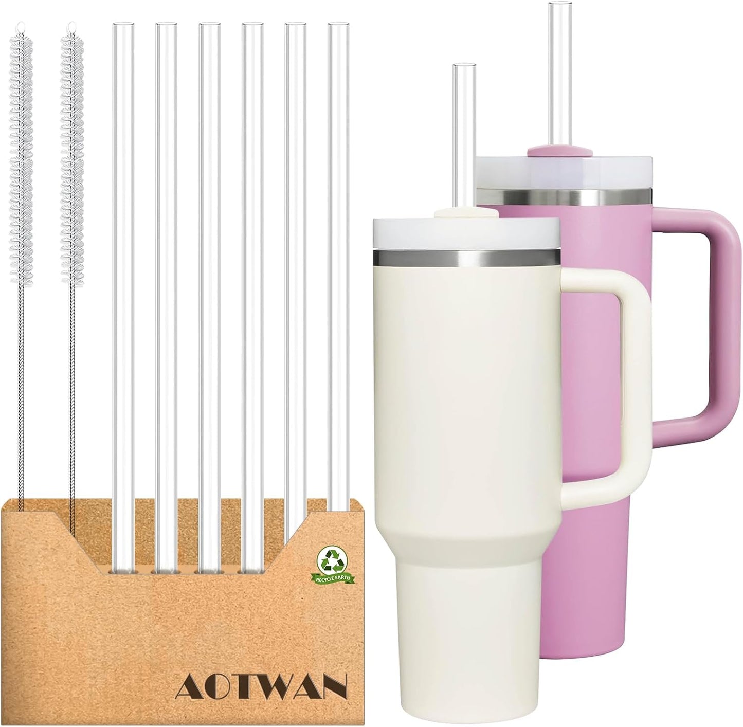 AOTWAN Glass Straws for Stanley 10 Pack 40/30 oz Tumbler,12inch Replacement Straw for Stanley 4 Straight and 4 Bent with 2 Brushesh,Reusable Glass Straws for Stanley Cup