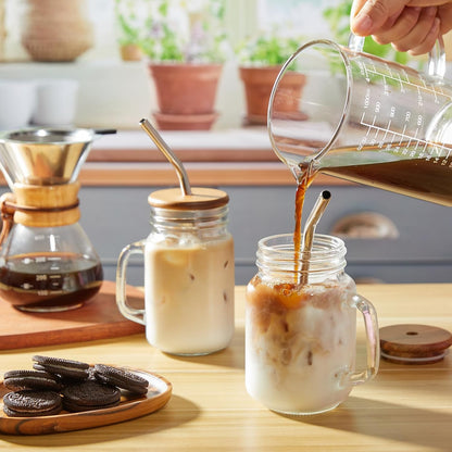 DRASTAR Iced Coffee Cup, 16 oz Mason Jar Cups with Handle, Small Glass Coffee Mugs with Straws and Acacia Lids, Drinking Glass Cups Set of 2, Smoothie, Overnight Oats Containers