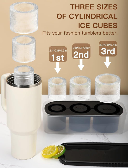 Ice Cube Tray for 30Oz-40Oz Tumbler Cup, 3 Pcs Silicone Ice Cube Tray with Lid and Bin for Freezer, Easy Fill and Release Cylinder Ice Mold for Whiskey, Cocktail BPA-Free (Green, 40Oz-Type1)