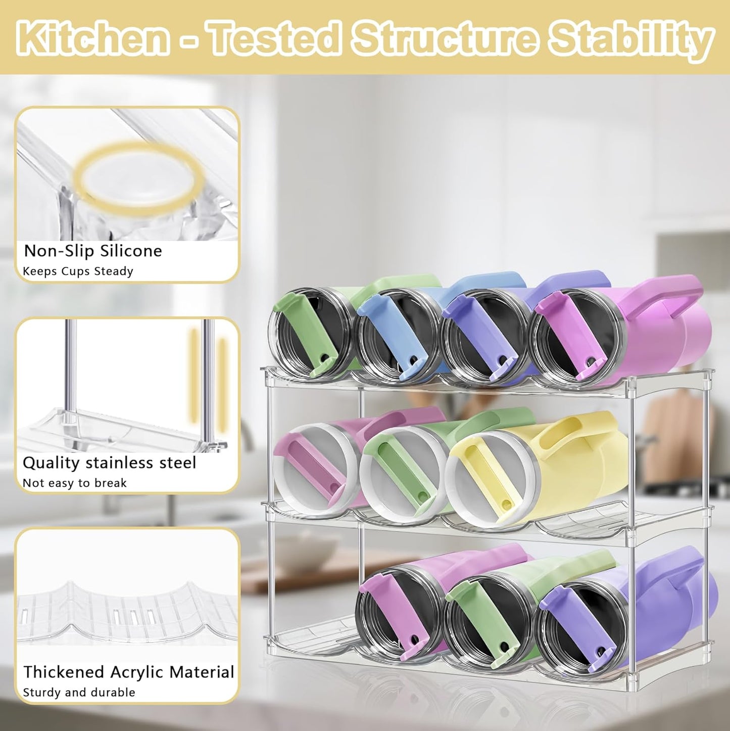 Stackable Water Bottle Organizer for Cabinet - Acrylic Tumbler Organizer Storage Rack for Stanley 40oz, Stanley Cup Holder, Pantry Kitchen Organizers and Storage for Stanley Cup, Holds 12 Bottles