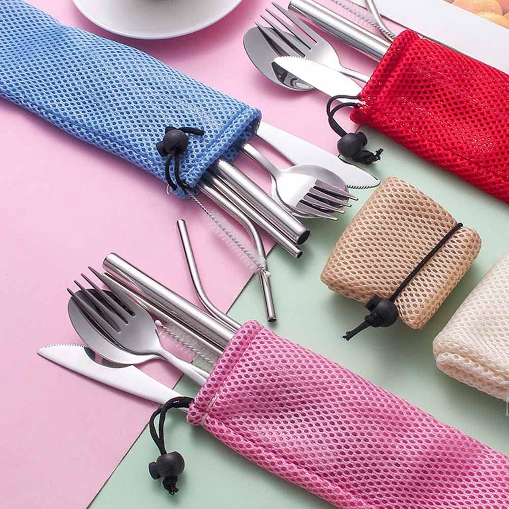 8 Pcs Portable Cutlery Bag Straw Carrying Case Cutlery Drawstring Net Bag Tableware Storage Pouch Travel Bag for Straws, Knife, Fork, Spoon, Chopsticks, Cleaning Brush