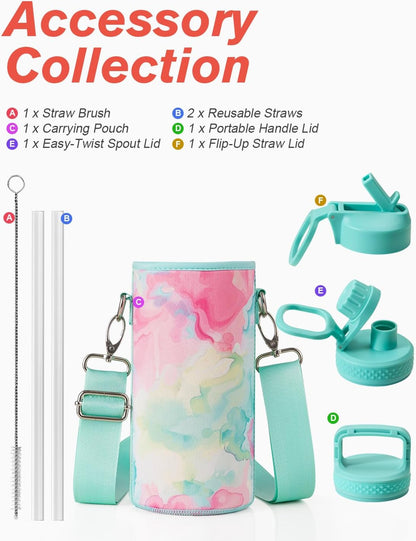 Half Gallon Water Bottle Insulated with Straw & 3 Lids, Coolflask 64 oz Water Jug Large Metal Stainless Steel Wide Mouth for Sports, Gym or Office, Non-BPA Keep Cold 48H Hot 24H, Samurai Cyan