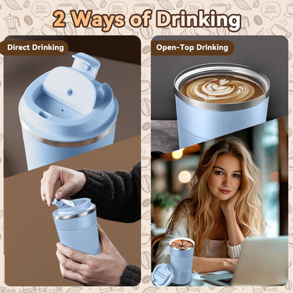 12OZ Travel Coffee Mug Insulated Coffee Cup with Spill Leak Proof Lid, Portable Stainless Steel Tumbler Reusable Hot and Cold Water Mug for Car, Daily, Camping- Blue