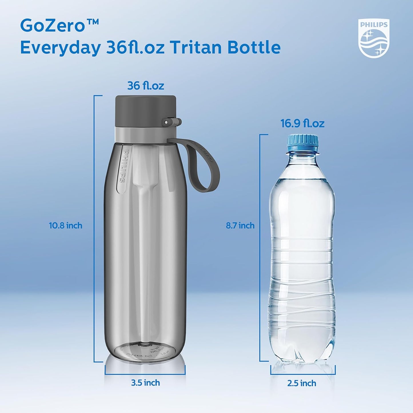 PHILIPS Filtered Water Bottle, BPA-Free Tritan Plastic Water Bottles, Replaces 450 Plastic Water Bottle with Reusable GoZero Everyday Water Filter, Portable Filtering Bottle for Travel, 22 oz, Green