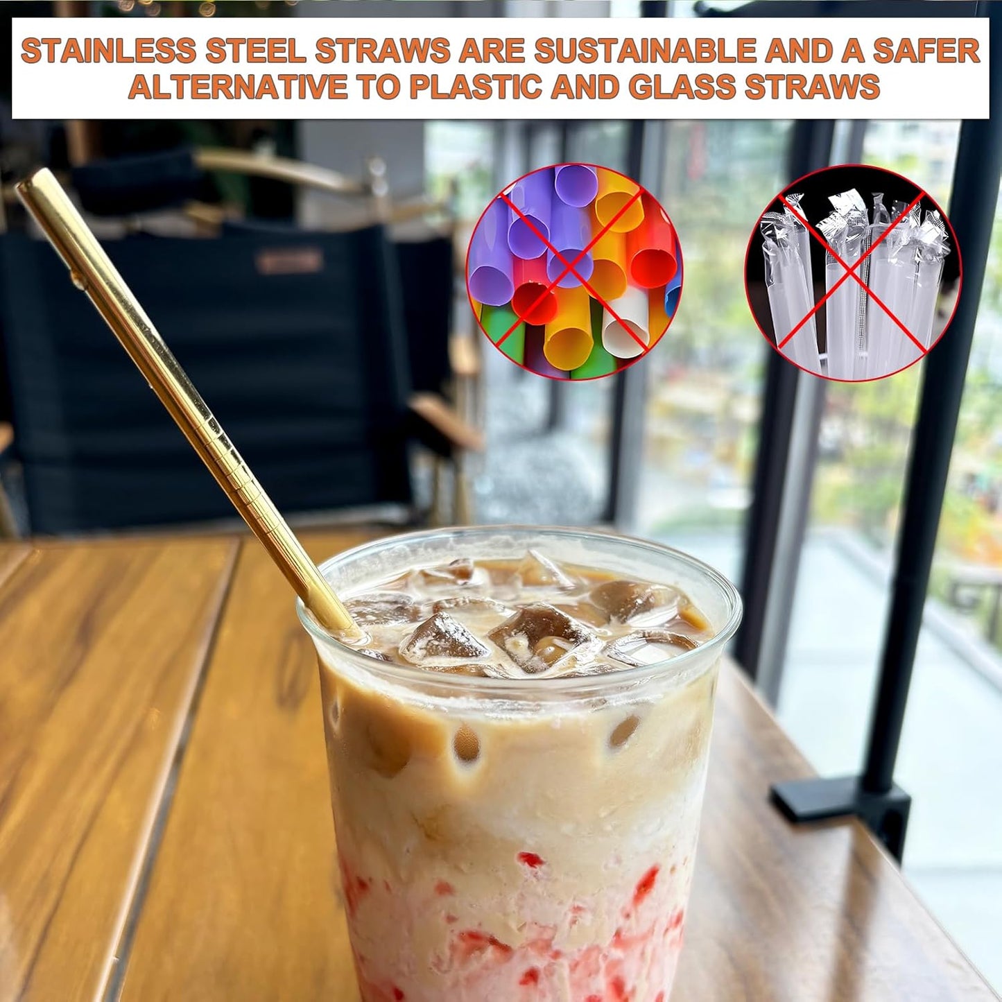 Stainless Steel Straws Metal Reusable Drinking Straw for Juice Iced Coffee Cold Beverage Water Highball Glasses 20oz Tumblers Mugs Cups, 0.24" 6mm Wide 215mm Long, Set of 8 with Brush, Silver
