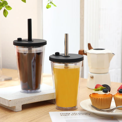 Honeydak 4 Pack 24 oz Reusable Iced Coffee Cups with Lids and Straws Leakproof Double Wall Insulated Clear Plastic Iced Coffee Tumblers with Straw Brushes