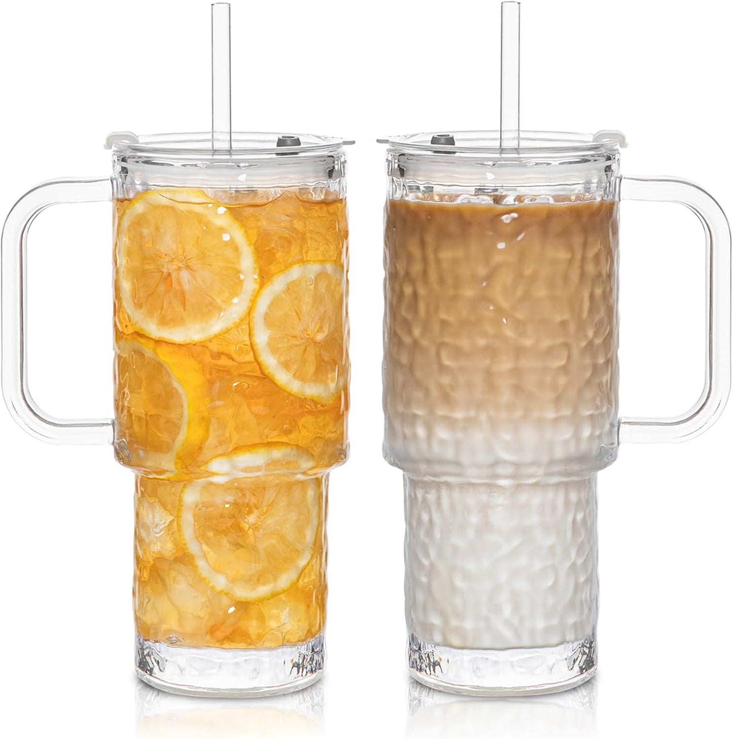 INSETLAN 24oz Ribbed Glass Tumbler with Handle & Lid – 2-Pack Large Iced Coffee Cups with Straws, Modern Glass Mug for Cold & Hot Beverages, Aesthetic Travel Cup for Smoothies, Tea, and Juice