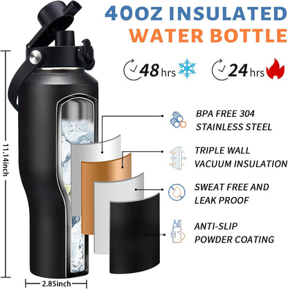 Insulated Water Bottle 40 oz - Fits in any Car Cup Holder, Keep Cold 48H Hot 24H, Stainless Steel Waterbottle Double Wall Flask with Straw, Pop-up Spout Lid, Paracord Handle, Carrier Bag