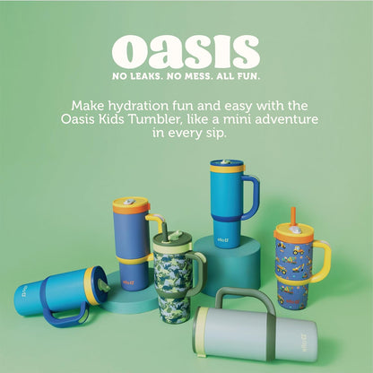 Ello Oasis 18oz Kids Tumbler with Handle & Retracting Straw, 100% Leakproof Reusable Insulated Stainless Steel Cup, Gifts for Teens Girls Boys, Keeps cold for 18 Hours, Cup Holder Friendly, Glacier