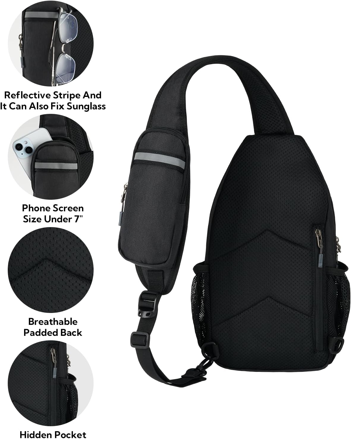 WATERFLY Crossbody Sling Backpack Sling Bag Travel Hiking Chest Bag Daypack (Black)