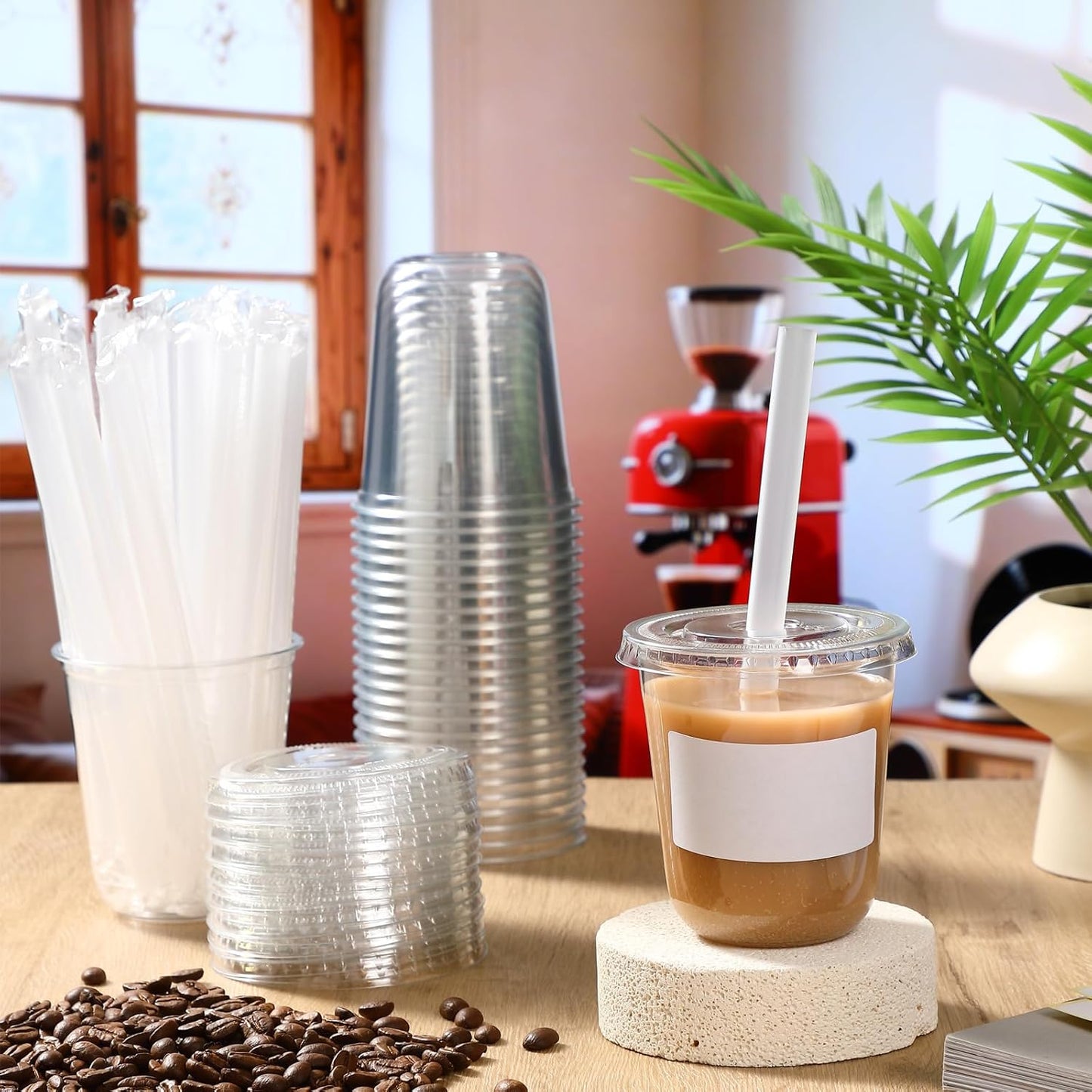 Ziliny 50 Sets Crystal Clear Plastic Cups with Lids, Straws and Stickers, Disposable Iced Coffee Cups Thickened PET for Iced Coffee, Bubble BobaTea, Smoothie, Cold Drinks, Juice, Shops (12 oz)