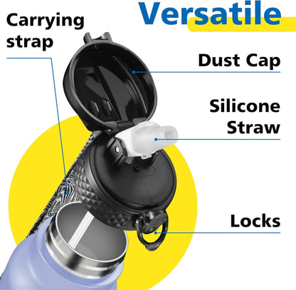 Han's Bottle Sports Water Bottle - 24 Oz, Straw Lid, Leak Proof, Vacuum Insulated Stainless Steel, Double Walled, Thermo Mug,Black