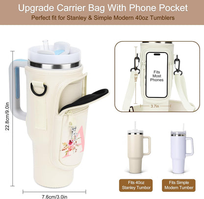 Initial Water Bottle Holder with Strap for Stanley Cup Accessories 40 oz/Simple Modern Tumbler, Birthdays for Women Girls, Water Bottle Carrier Bag with Phone Pocket,Hiking Walking Gym Camping