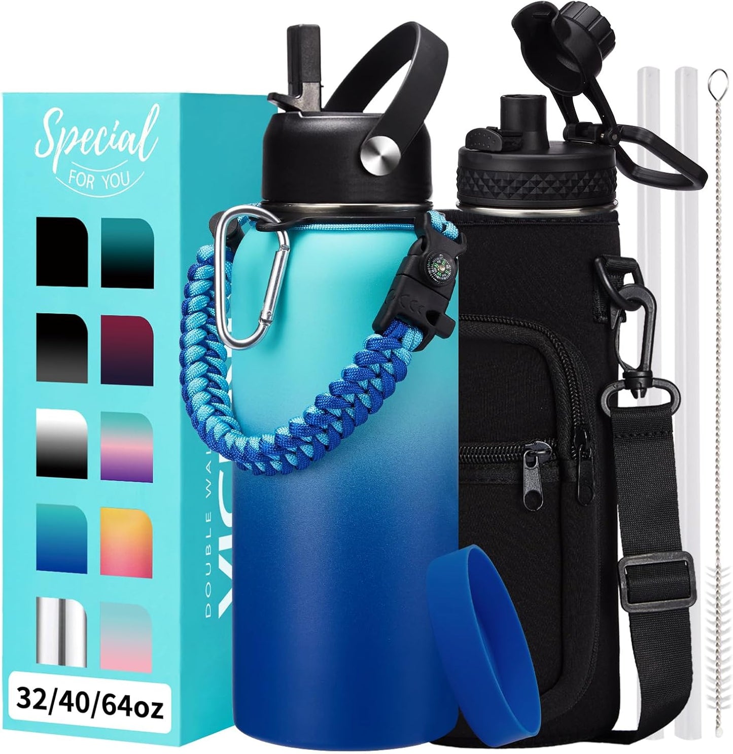 32/40/64OZ Insulated Water Bottle - Keep Cold 48H Hot 24H, Combo Straw/Spout Lids, Paracord Handle for Gym/Hiking, Carrier Bag +Strap, Cup Mat, BPA-Free Stainless Steel Flask Jug