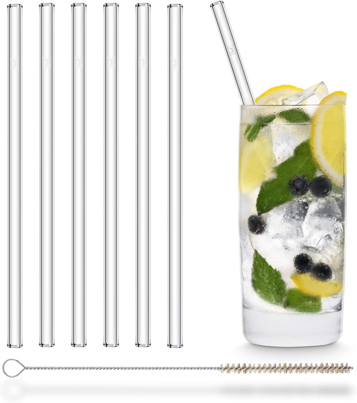 Halm Glass Straws - 6x Reusable 8 inch Drinking Straws clear + Plastic-Free Cleaning Brush - Made in Germany - Dishwasher Safe - Straight - Perfect for Smoothies, Cocktails