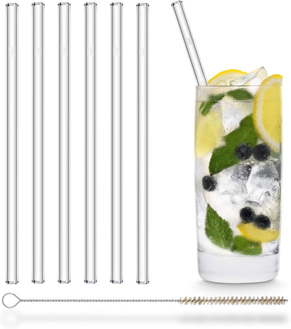 Halm Glass Straws - 6x Reusable 8 inch Drinking Straws clear + Plastic-Free Cleaning Brush - Made in Germany - Dishwasher Safe - Straight - Perfect for Smoothies, Cocktails