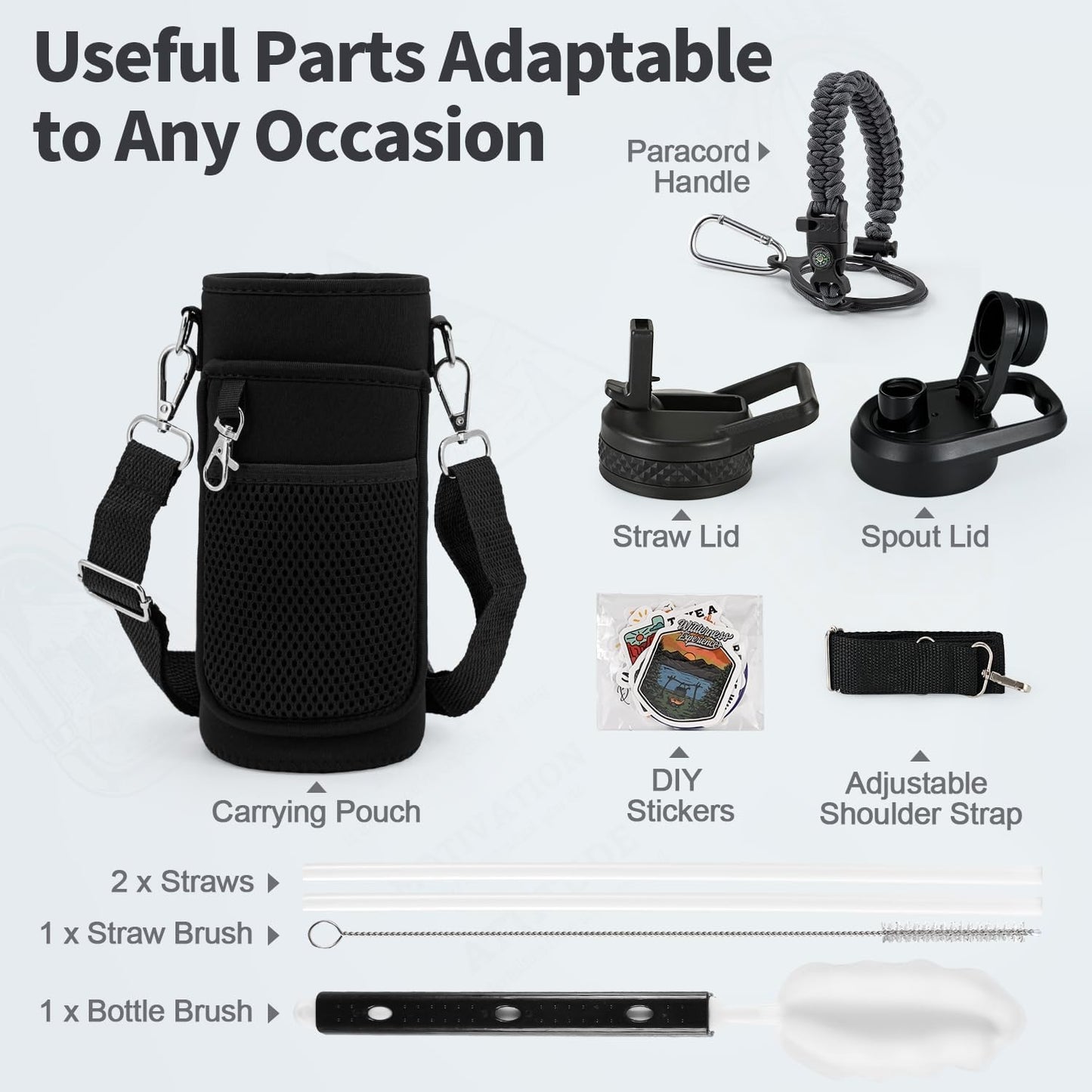 WixByti 40 oz Insulated Water Bottle with Straw (Cold for 36 Hrs), Stainless Steel Triple Wall Vacuum Sports Water Jug, Leakproof Hydro Cup Flask with Paracord Handle & Straw Spout Lids & DIY Stickers