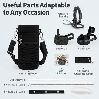 WixByti 40 oz Insulated Water Bottle with Straw (Cold for 36 Hrs), Stainless Steel Triple Wall Vacuum Sports Water Jug, Leakproof Hydro Cup Flask with Paracord Handle & Straw Spout Lids & DIY Stickers