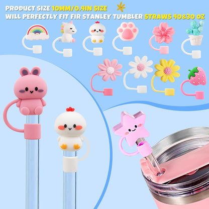 15 PCS Cute Silicone Straw Cover Cap for Stanley Cup Accessories,Simple Modern Straw Covers,10mm Straw Topper Compatible with 30&40 Oz Tumbler