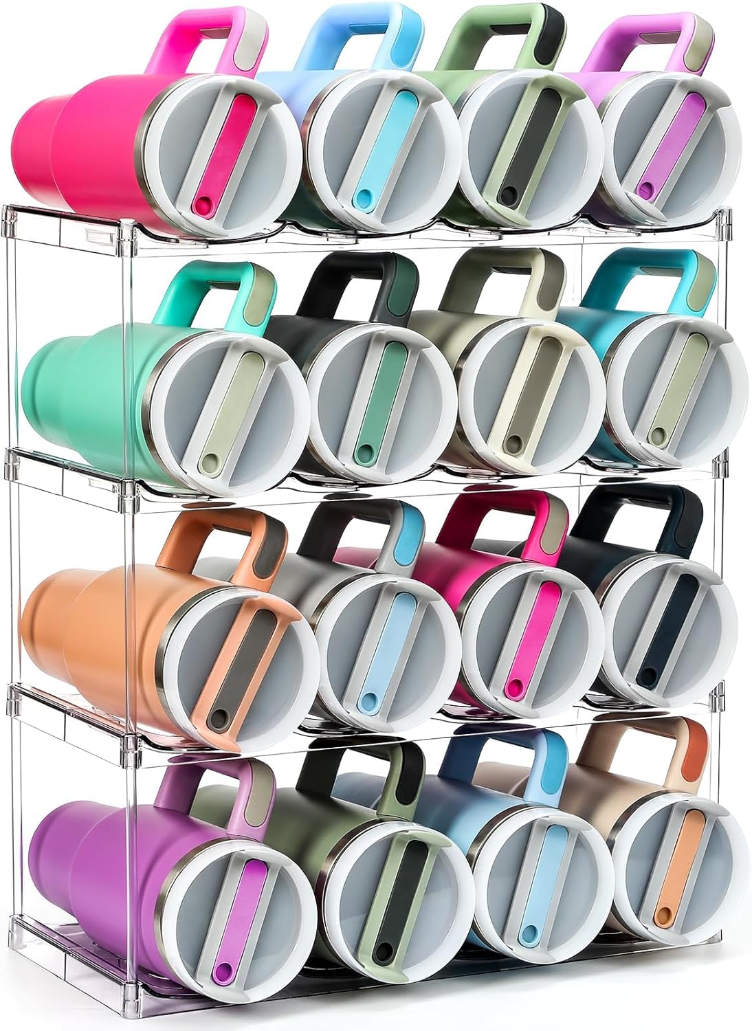 Design for Stanley 40 OZ & Large Bottles & Tumblers with Handle - Acrylic Water Bottle Organizer - Stackable Clear Wine Rack Cup Holder for Home Kitchen Pantry Shelf Countertop Cabinet, 4 Tier Hold 16