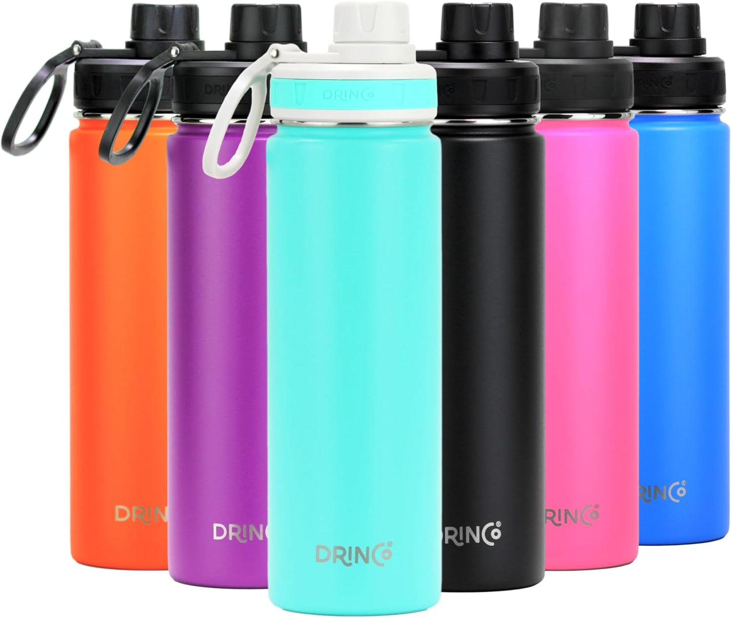 Drinco Stainless Steel Water Bottle Spout Lid Vacuum Insulated Double Wall Water Bottle Wide Mouth (40oz 32oz 22oz 18oz 14oz) Leak Proof Keep Cold Sport Camping Hiking (22 oz, 22oz Black)
