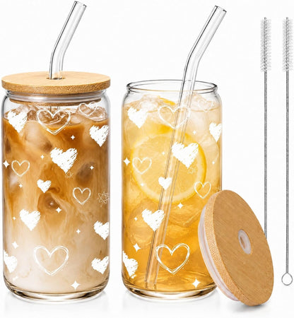 Glass Cups with Lids and Straws 1Pack,Glass Coffee Cups,Glass Cup with Lid for Iced Coffee,Smoothie,Cocktail,Beer,Whiskey,Soda,Matcha,16 Oz Glass Cup with Bamboo Lid,1 Brush