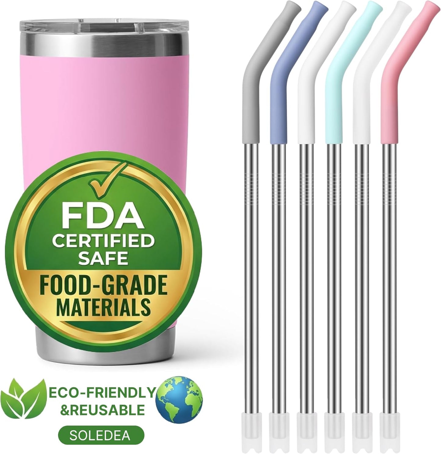 40 oz Straight Metal Straws for 40 oz Stanley Tumbler, 6 Pcs Stainless Steel Reusable Drinking Metal Straw with Colourful Silicone Tips,Straw for Glass Cups, BPA FREE
