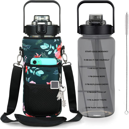 Half Gallon Water Bottle with Sleeve, 64OZ Motivational Water Bottle with Straw & Time Marker, BPA Free Leakproof Gym for Sport Workout
