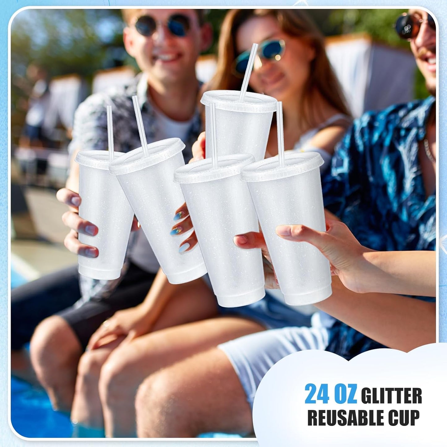 Uiifan 6 Pcs 24 oz Reusable Tumbler with Lids and Straws Plastic Iced Coffee Tumbler Glitter Travel Mug Cup for Smoothie Juices Birthday Party Cold Drink Coffee Cup Bulk for Adult Kid Women (Clear)