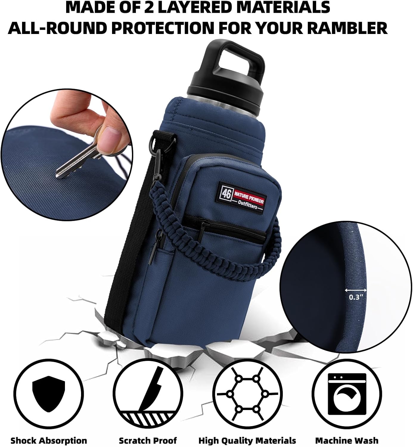 NATURE PIONEOR Water Bottle Holder with Adjustable Strap - 26/32/36/40/46/64oz Insulated Water Bottle Sling Carrier with Paracord Handle & 2 Pockets, Outdoor Sports, Hiking, Camping, Gym