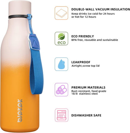 BJPKPK Insulated Water Bottles, 18 oz Stainless Steel Metal Water Bottle with Strap, BPA Free Leak Proof Jugs, Mugs, Flasks, Reusable Thermal Flasks for Sports & Travel, Black - Colors A