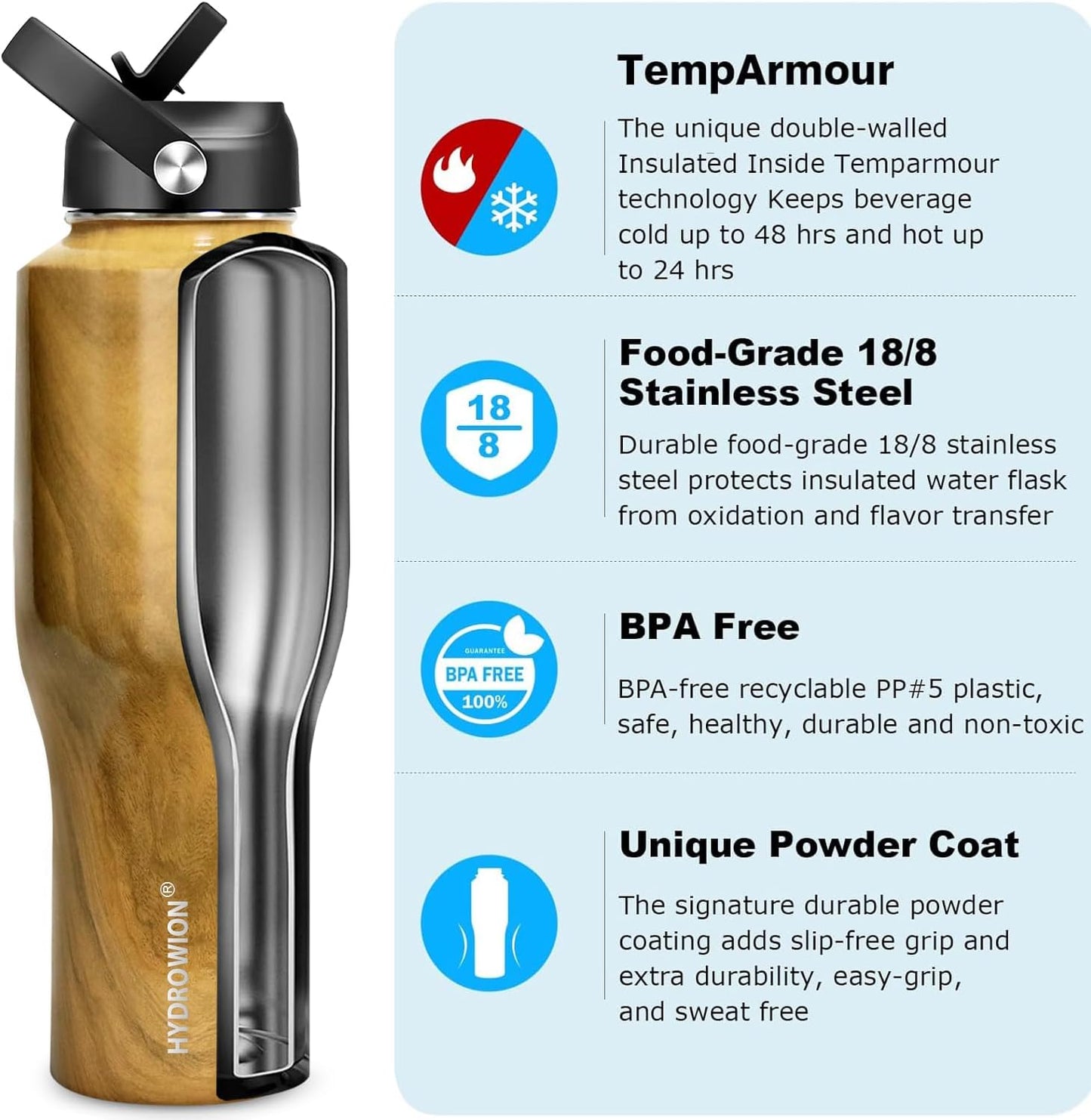 HYDROWION 32oz Stainless Steel Water Bottle(Cold for 48 Hrs, Hot for 24 Hrs),Double Wall Vacuum Insulated Water Bottle with Straw Lid, Spout Lid and Flex Cap, Fit in Any Car Cup Holder,Black