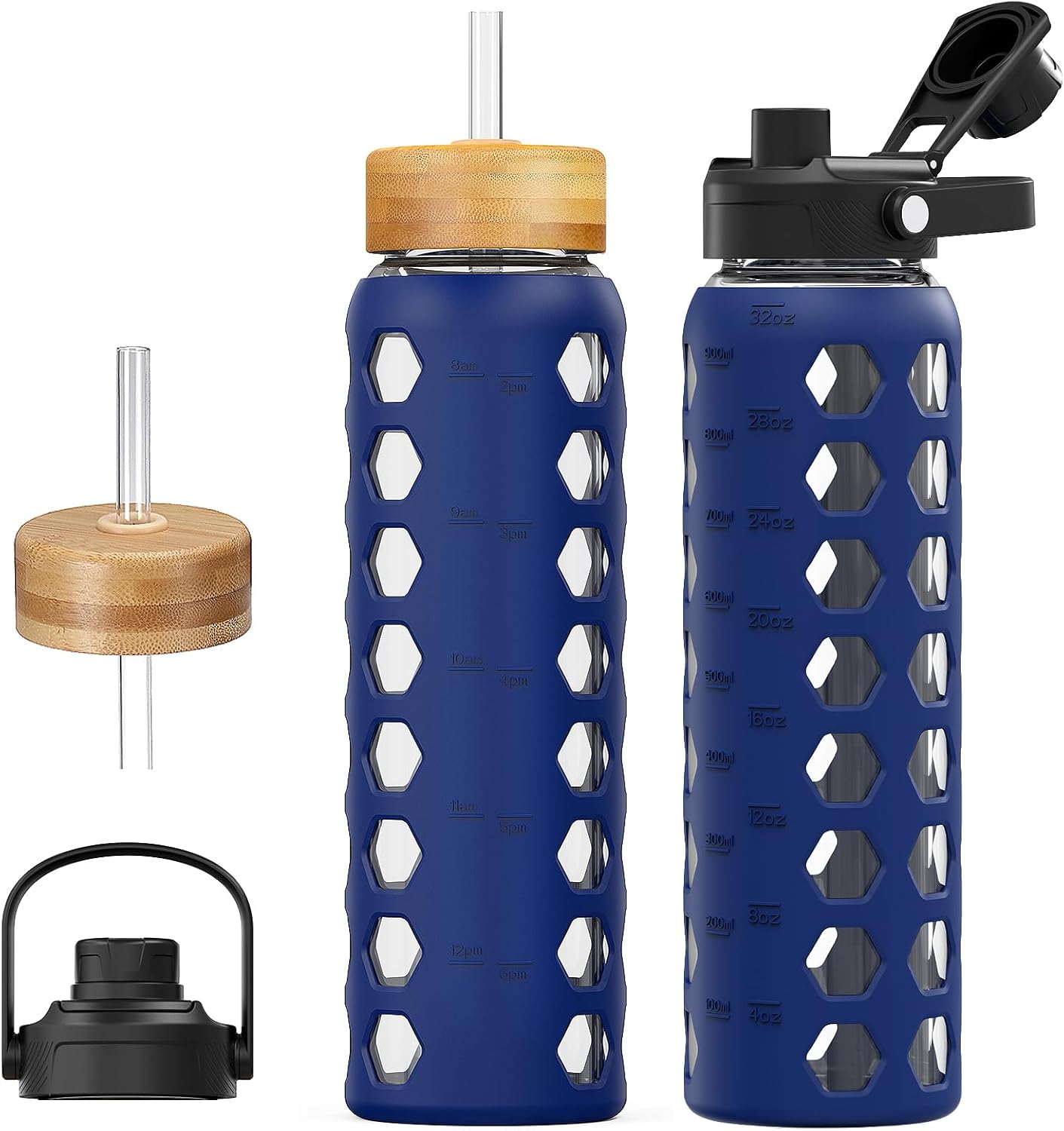MUKOKO Glass Water Bottles, 32oz Glass Tumbler with Straw, Drinking Bottles with 2 Lids-Handle Spout Lid&Bamboo Straw Lid, Motivational Water Bottle with Time Marker and Silicone Sleeve, 1 Pack-Olive
