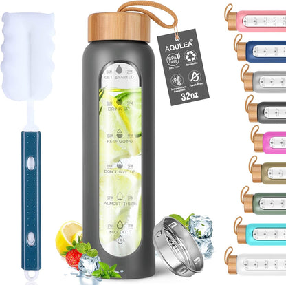 Aqulea Glass Water Bottles 25 Oz with Silicone Sleeve - BPA Free Reusable Wide Mouth Glass Motivational Water Bottles with Fruit Infuser – Leak Proof Borosilicate Water Bottle with Time Marker (White)