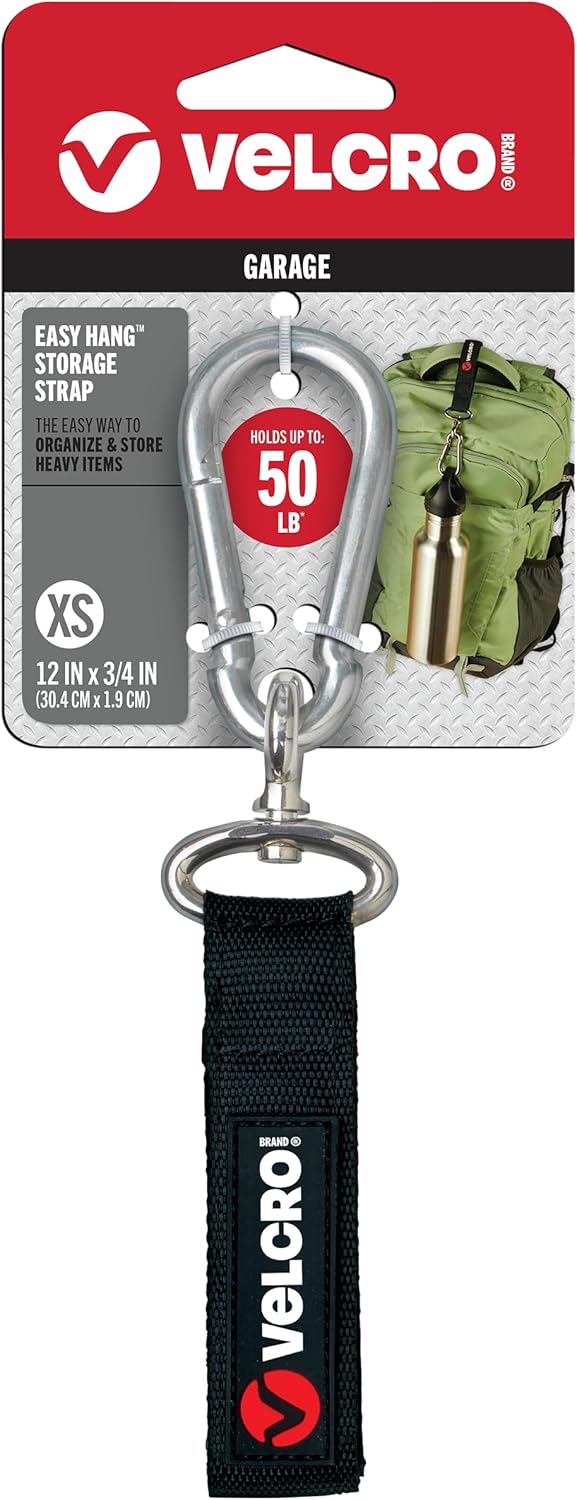 VELCRO Brand VEL-30196-USA Easy Hang Strap with Carabiner Clip Attach Water Bottles and Accessories to Bikes, Bags and more. Organization for Garden, Shed, RV. Extra Small-1Pk, Black