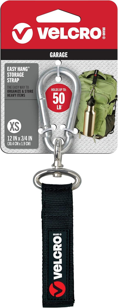 VELCRO Brand VEL-30196-USA Easy Hang Strap with Carabiner Clip Attach Water Bottles and Accessories to Bikes, Bags and more. Organization for Garden, Shed, RV. Extra Small-1Pk, Black