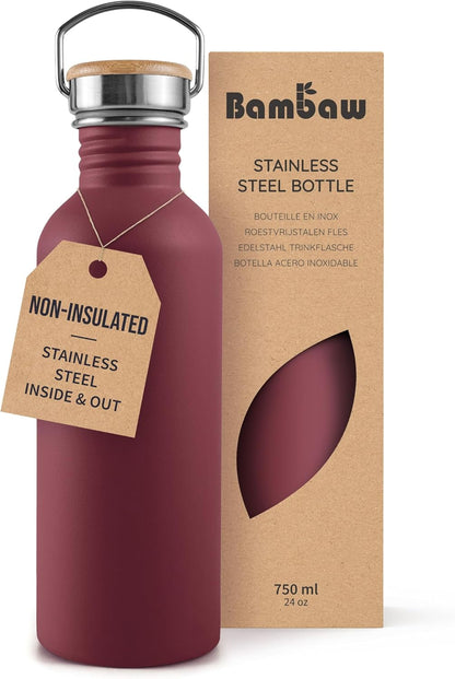 Bambaw Stainless Steel Water Bottles 32 oz, Non-insulated Single Wall Metal Water Bottle Stainless Steel, Reusable & Eco Friendly, Dishwasher Safe – Silver | Non-insulated